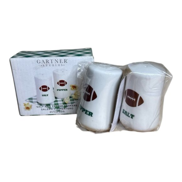Football Ceramic Salt & Pepper Shakers Gartner Studios 3” NIP - Picture 2 of 4